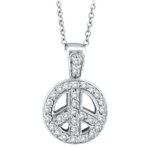 ... White Gold .26ct Diamond Peace Sign Pendant On Cable Chain Necklace