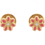 Picture of 14K Yellow Gold Pair Orange White Enamel Flower Earrings With Safety Backs & Box