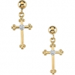 14kt Yellow PAIR 14.00X09.00 MM Polished CROSS AND BALL DANGLE EAR W/DI