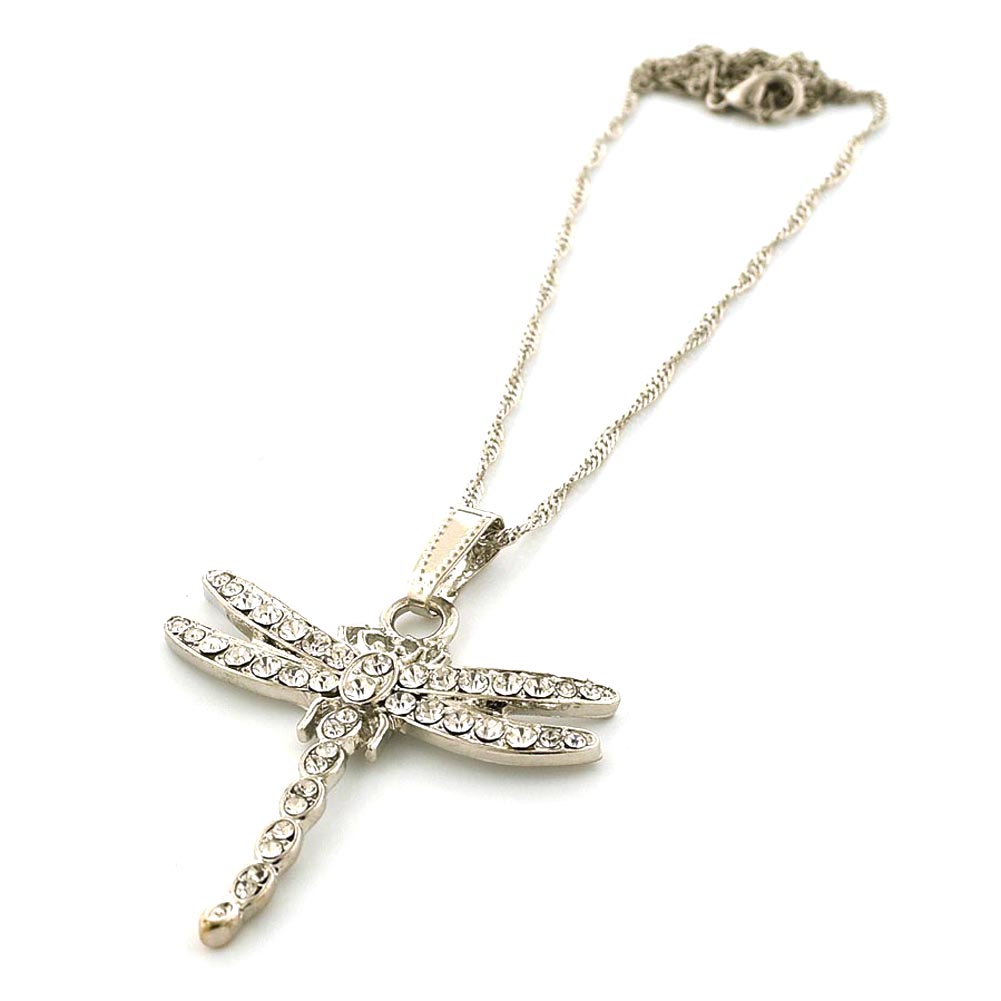 Fashion Jewelry Silver-Tone Dragonfly Necklace with Clear Rhinestones