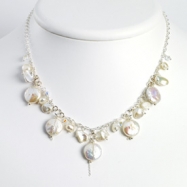 Picture of Sterling Silver Biwa/White Cult Pearl& Aurora Borealis Crystal Necklace chain