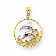 Picture of 14K & Rhodium Double Dolphins in Circle Pendant