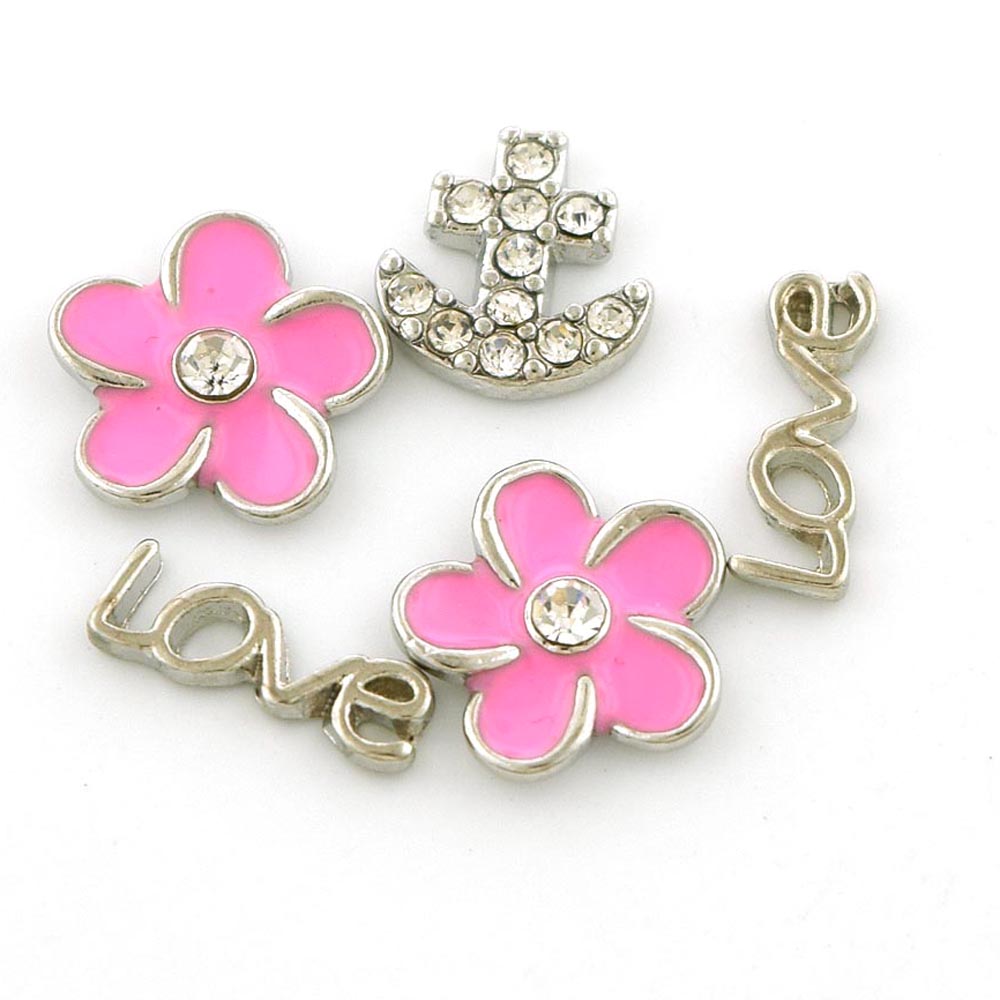 Picture of Set of Five (5) Love Pink Flowers Anchor Floating Charms for Floating Charms Locket