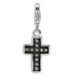 Sterling Silver Crystal Black Enamel & Polished Cross With Lobster Clasp Charm