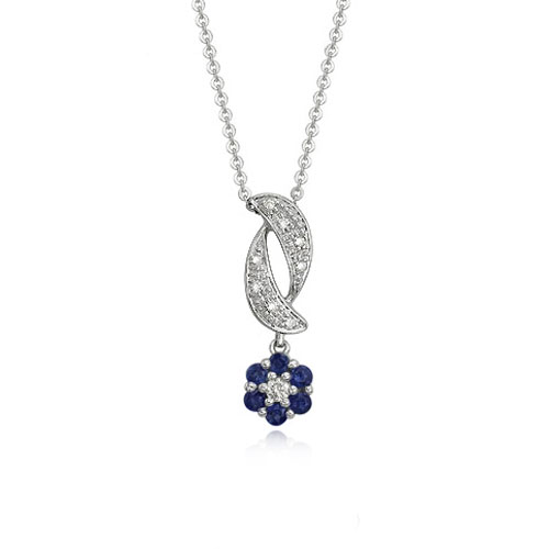 14K White Gold Blue Sapphire  Diamond Criss-Cross Flower Pendant with ...