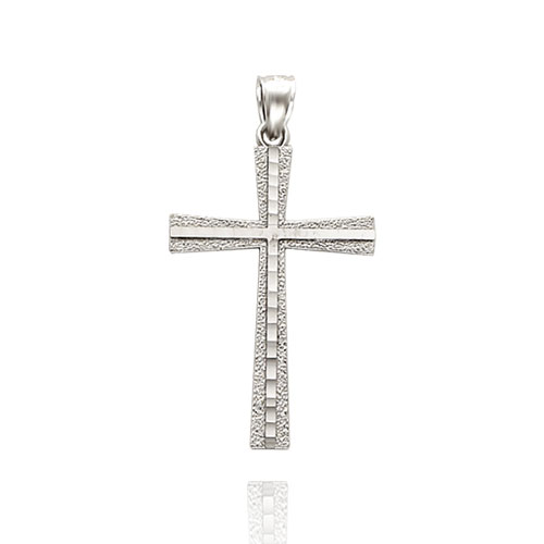 Picture of 14K White Gold Large Diamond Cut  Textured Cross Pendant