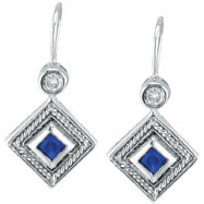 Picture of 14K White Gold Genuine Precious Sapphire & .14ct Diamond Antique Style Earrings