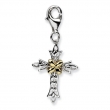 Sterling Silver w/14ky 3-D Antiqued Cross w/Lobster Clasp Charm