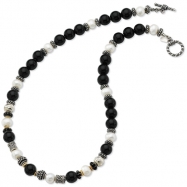 Picture of Sterling Silver/14Ky Pearl, Black Enamel, Silver & Gold Bead Necklace""