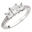 14K White Gold Accented Three Stone Princess Semi Mount Engagement Ring