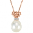 14kt Rose/White NECKLACE Complete with Stone 08.00 INCH ROUND 07.00 MM PEARL Polished PEARL AND .015CTW DIA NCK