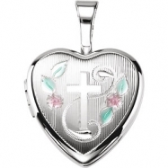 Picture of Sterling Silver 12.50X12.00 MM Polished CROSS HEART LOCKET WITH COLOR