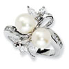 Sterling Silver CZ White Cultured Pearl Leaves Ring