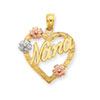 14K Tri-color Nana in Heart with Flowers Pendant