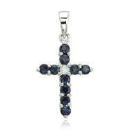 Picture of 14K White Gold Round Blue Sapphire & Diamond Cross Pendant