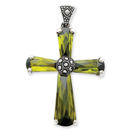 Picture of Sterling Silver Green Cubic Zirconia & Marcasite Cross Pendant