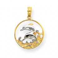 Picture of 14K & Rhodium Double Dolphins in Circle Pendant
