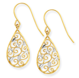 Picture of 14K & Rhodium Diamond-cut Filigree Teardrop Wire Earrings