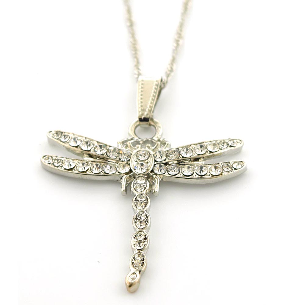Picture of Fashion Jewelry Silver-Tone Dragonfly Necklace with Clear Rhinestones