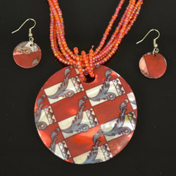 Picture of White and Red Mother of Pearl Necklace and Earrings Set