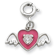 Sterling Silver Pink Enameled CZ Heart  With Wings Charm