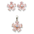 Sterling Silver Pink & Clear CZ Flower Pendant & Earring Set