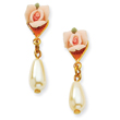 Gold-Tone Porcelain Rose Cultura Glass Pearl Teardrop Post Earrings