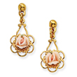 Gold-Tone Pink Porcelain Rose Filigree Drop Post Earrings