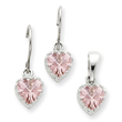 Sterling Silver Pink CZ Heart Earrings and Pendant Set