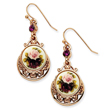 Rose-Tone Dark Purple Floral Decal Drop Earrings