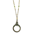 Burnished Brass-Tone Olivine Green Crystal Magnifying Glass 30" Necklace