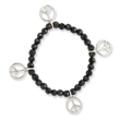 Silver-tone Peace Charms on Black Crystal Beaded Stretch Bracelet