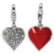 Sterling Silver 3-D Cubic Zirconia & Red Enamel Heart With Lobster Clasp Charm