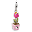 Sterling Silver 3-D Pink Enameled Potted Tulip With Lobster Clasp Charm